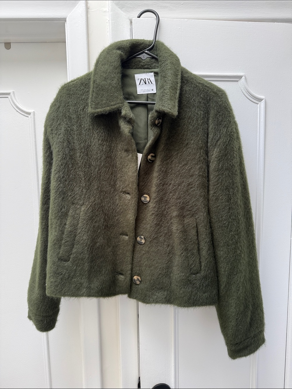 ZARA Olive Green Fuzzy Button-Front Teddy Jacket